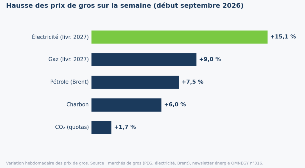 Hausse des prix de gros par énergie sur la semaine, début septembre 2026